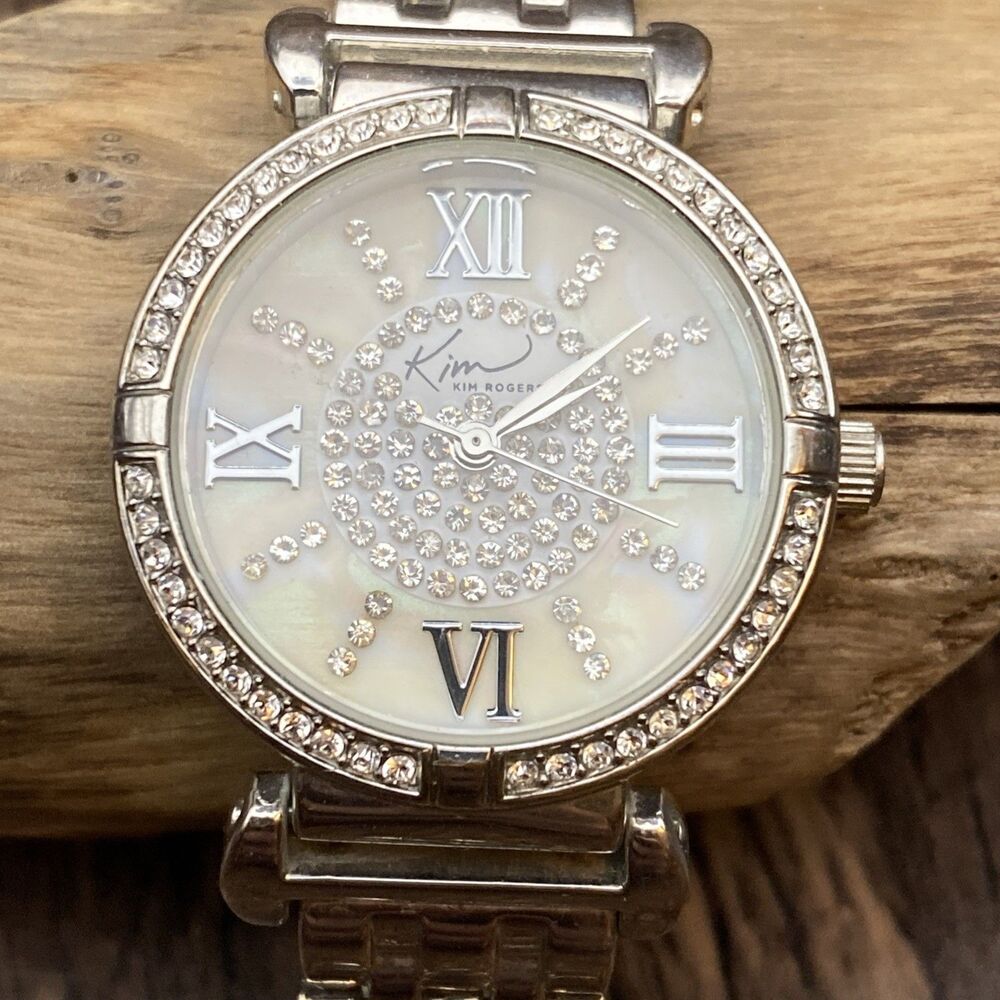 Kim Rogers Watch Silver Tone Mother Of Pearl Round Face With Rhinestone Bezel